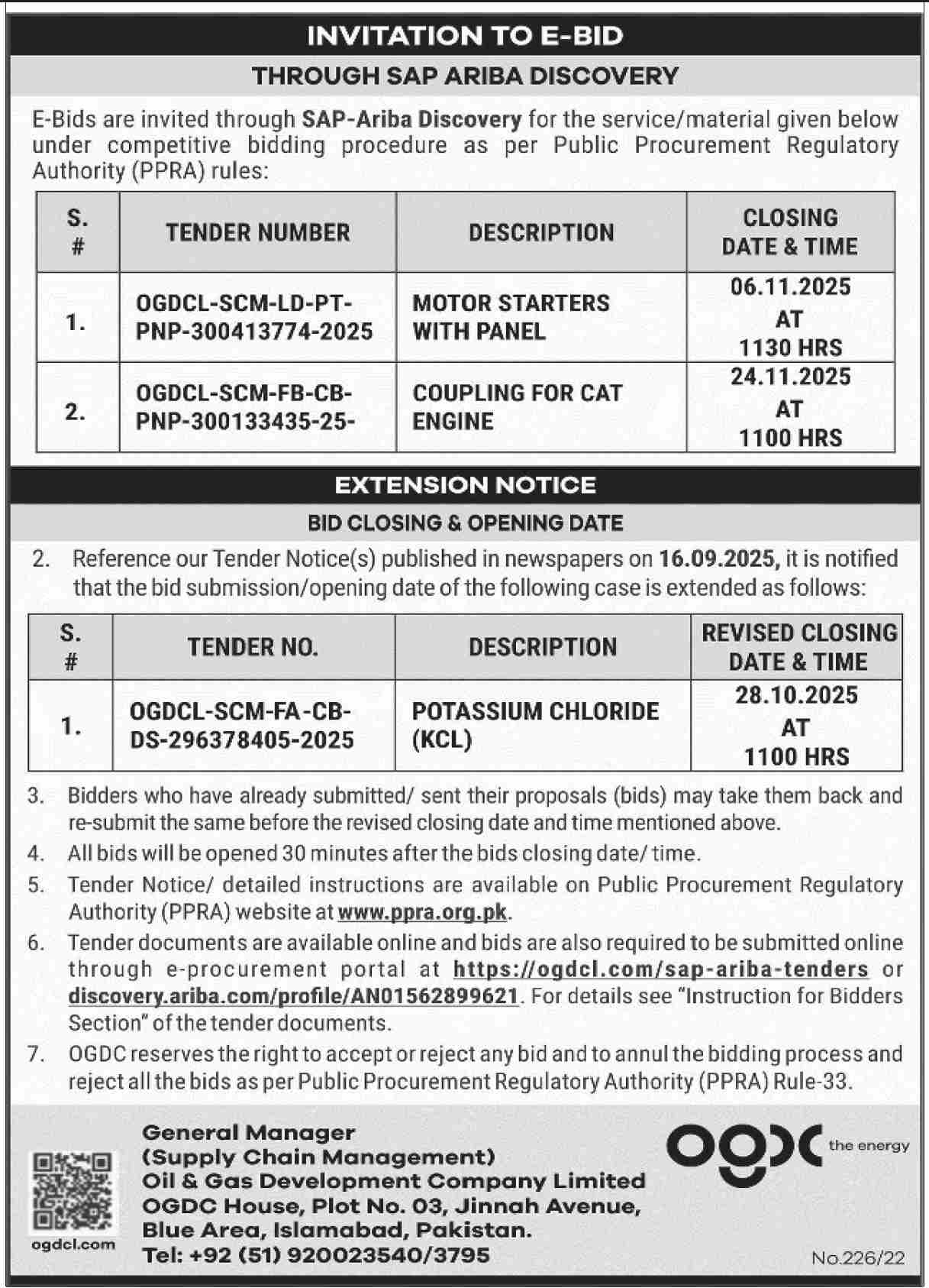 Oil & Gas Development Company Limited Islamabad Tender Notice